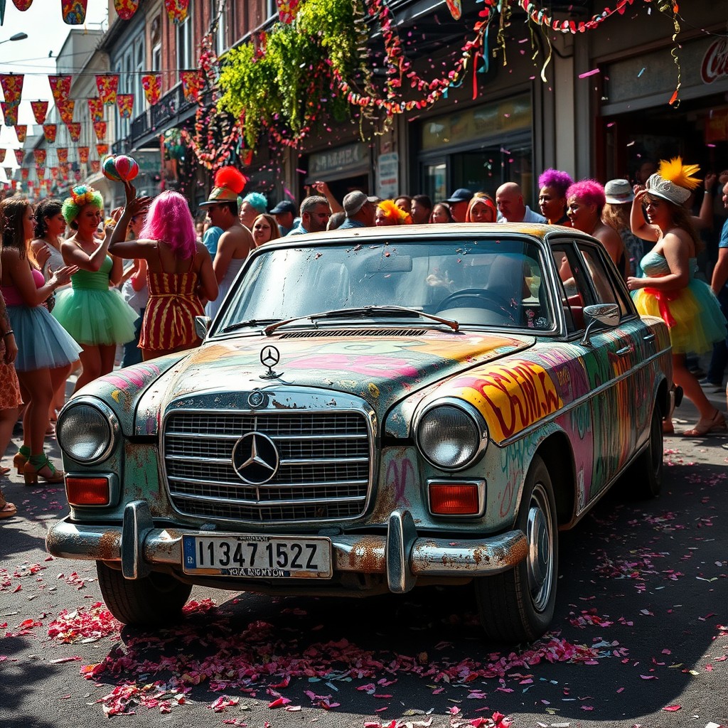 An old, damaged Mercedes Benz decorated for a carnival, featuring vibrant graffiti art all over its body