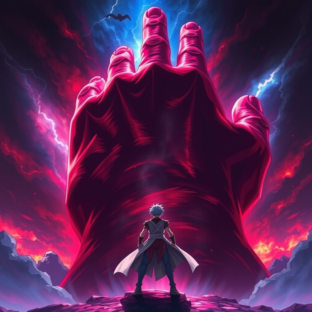 An epic scene featuring a hero of Earth standing defiantly against a gigantic hand emerging from the dark, fiery skies