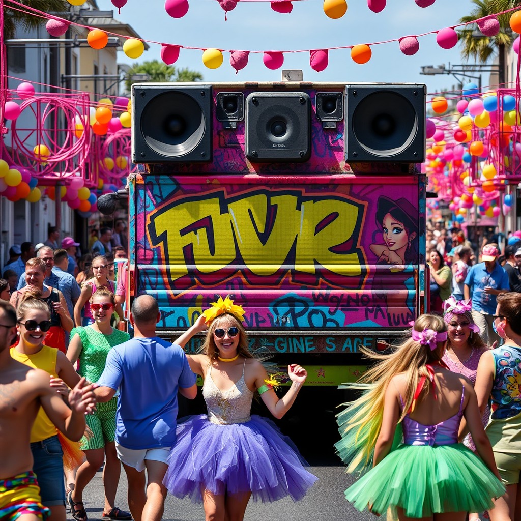 A vibrant street carnival scene featuring a colorful truck covered in eye-catching graffiti