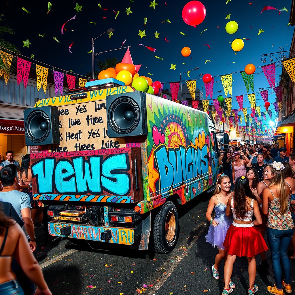 A vibrant scene of a colorful truck covered in graffiti with bold, artistic designs, parked in a lively street during a carnival