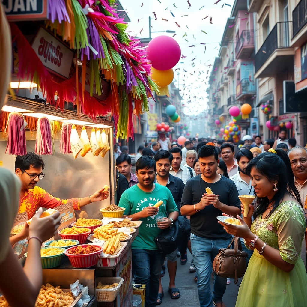 A vibrant street scene during a carnival, featuring a lively food stall selling delicious snacks