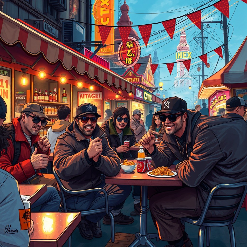 A street snack restaurant bustling with energy during a vibrant carnival