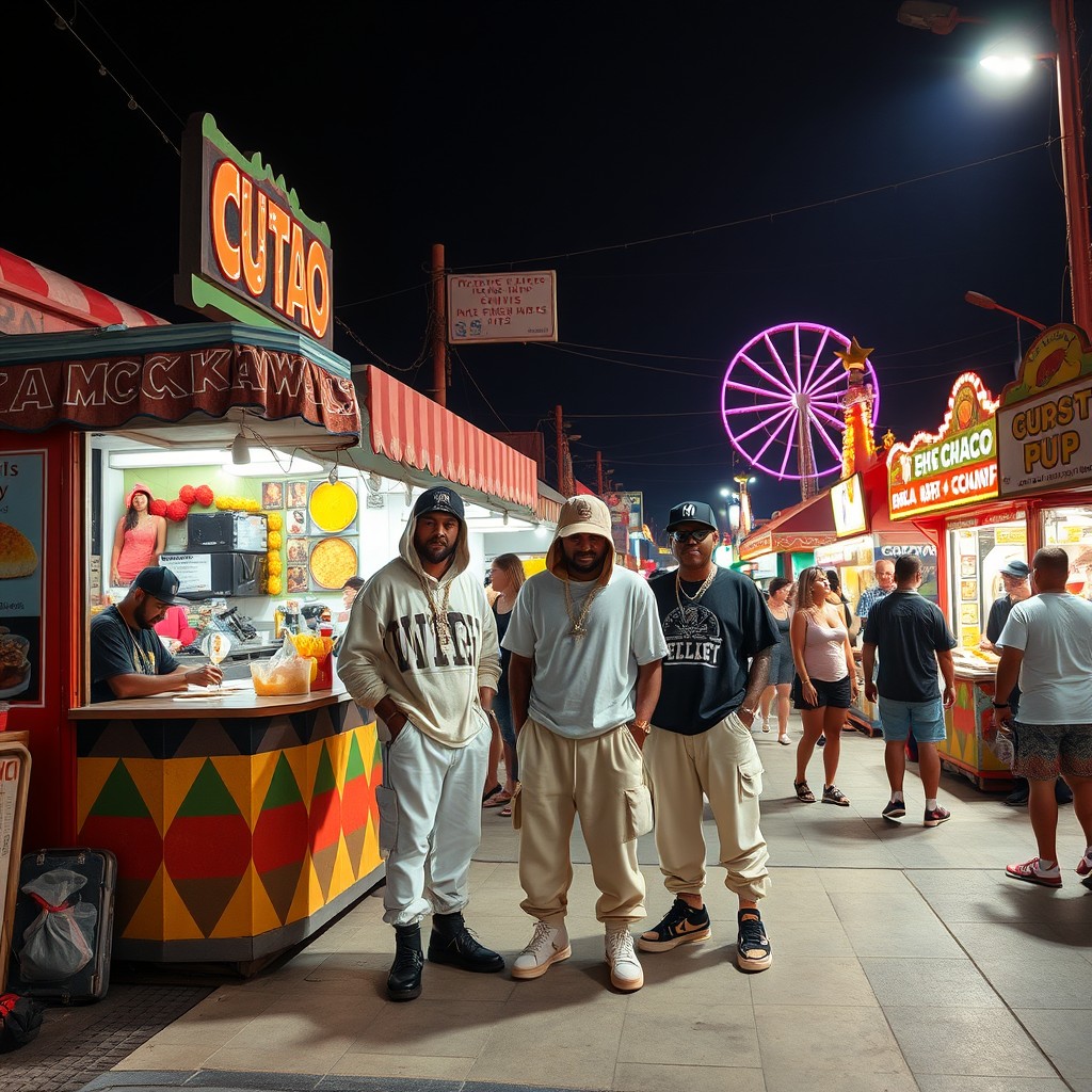 A vibrant street scene at a carnival, featuring a snack restaurant on the sidewalk
