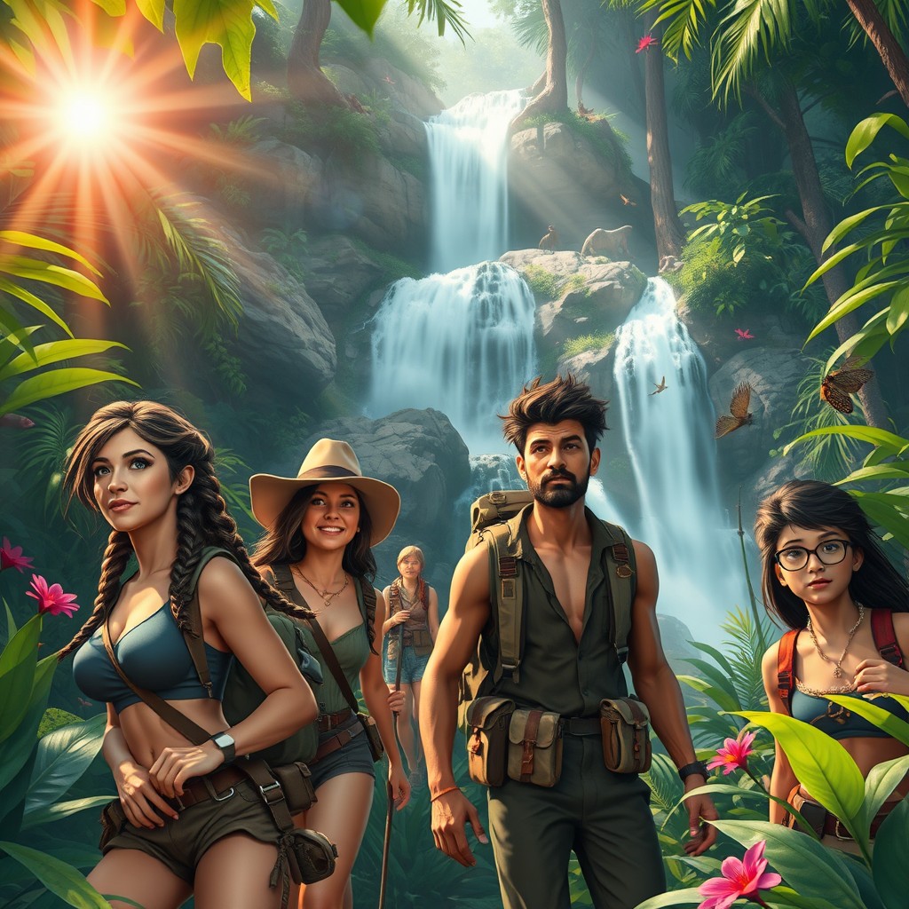 An exhilarating adventure scene set in a lush, vibrant jungle