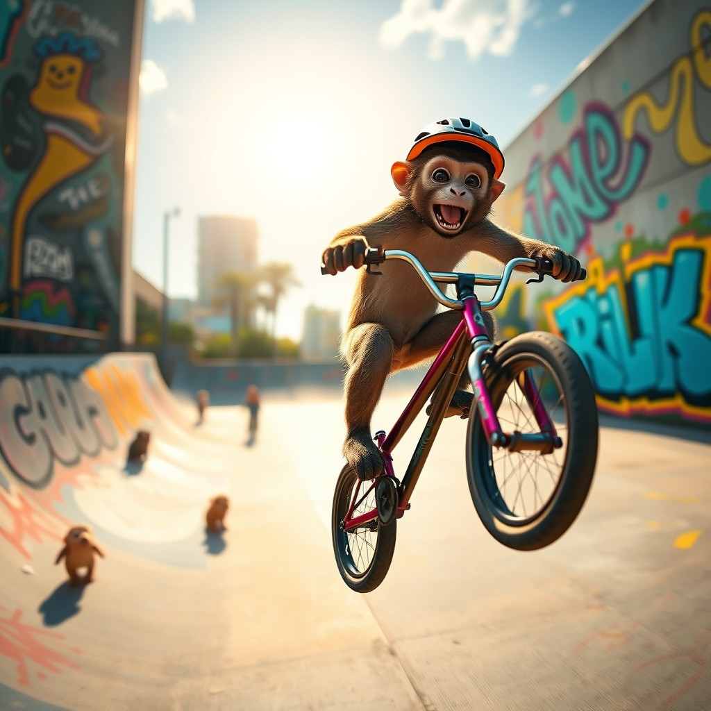 A thrilling BMX scene featuring an adventurous monkey riding a BMX bike through a vibrant urban skate park