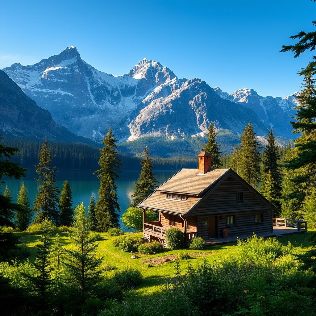 A charming wooden house nestled in a lush green forest, situated near a tranquil lake