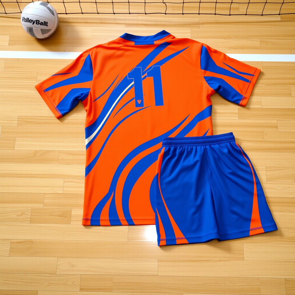 A vibrant orange and blue volleyball jersey uniform, meticulously designed with dynamic patterns and contrasting colors