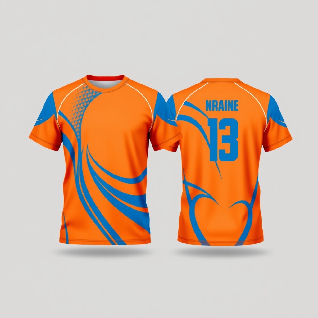 A vibrant orange and blue volleyball jersey, designed with a modern style
