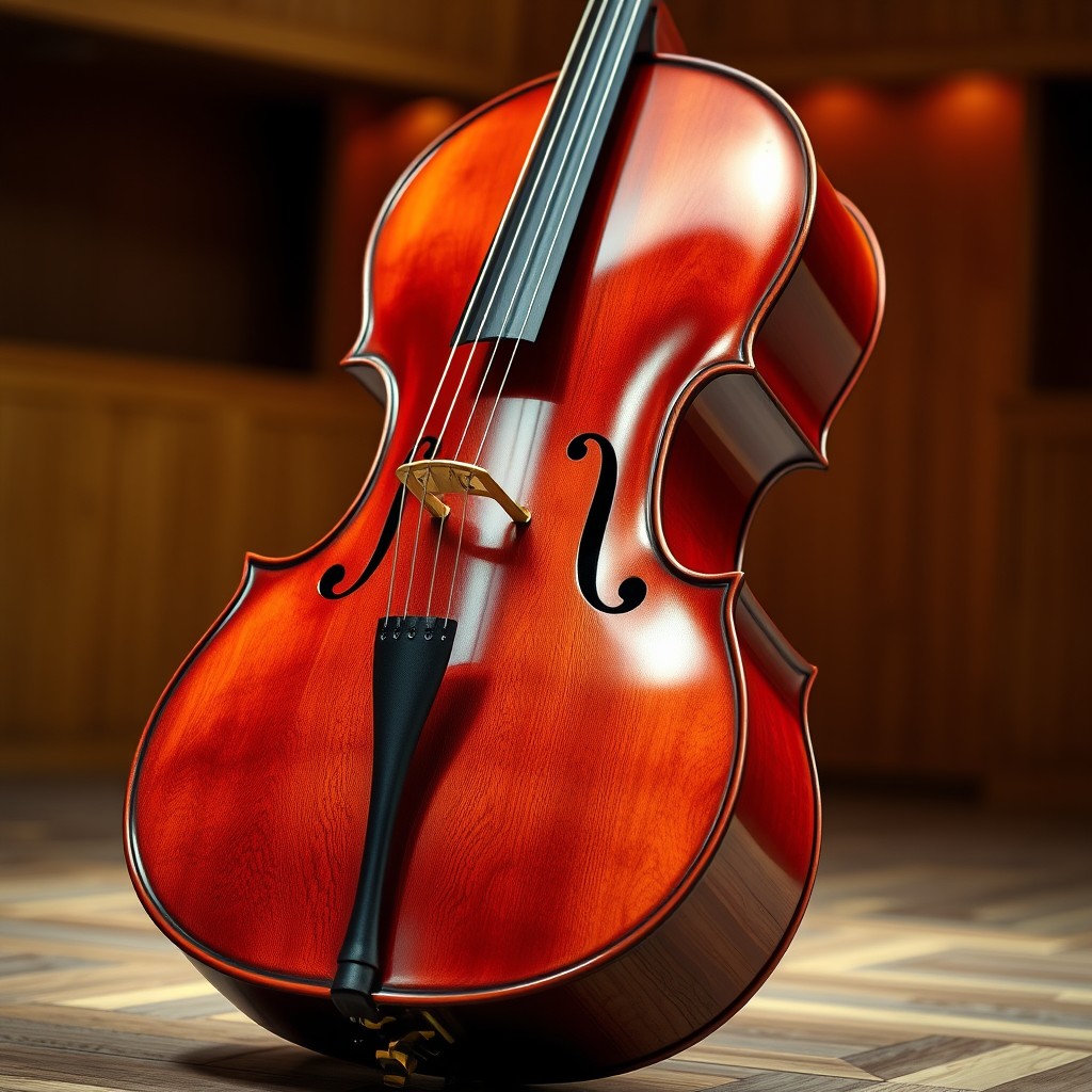 A beautifully crafted reddish-brown cello in the iconic Montagnana Sleeping Beauty form, featuring graceful curves and elaborate detail