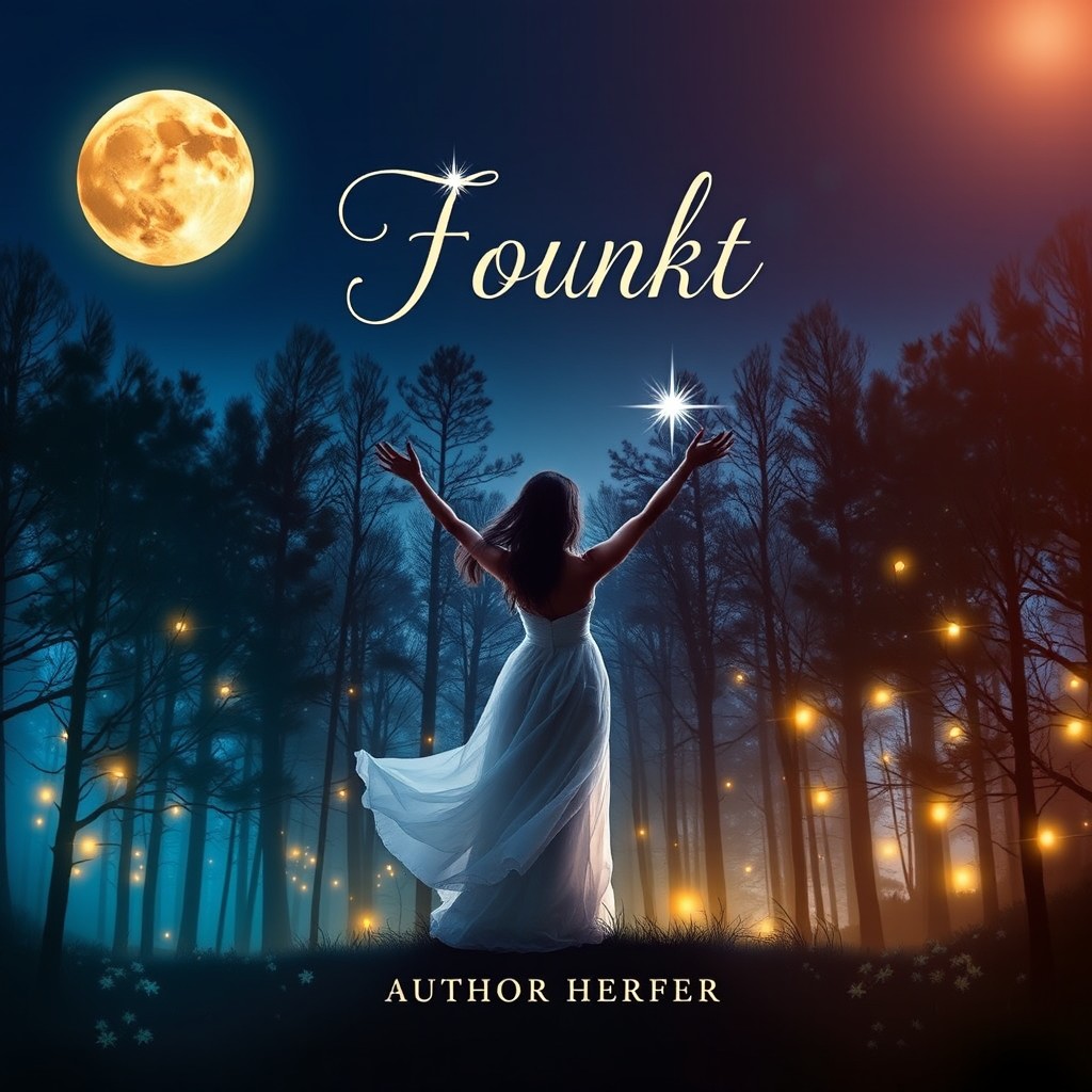 A captivating book cover design featuring a mystical forest at twilight with ethereal glowing lights scattered throughout the trees