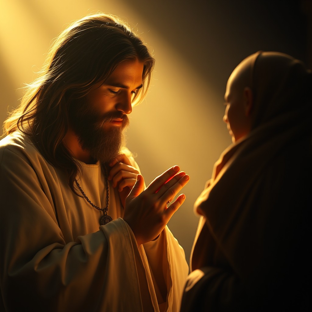 A serene cinematic scene depicting Jesus gently touching the hand of a sick person, surrounded by a warm golden light symbolizing healing