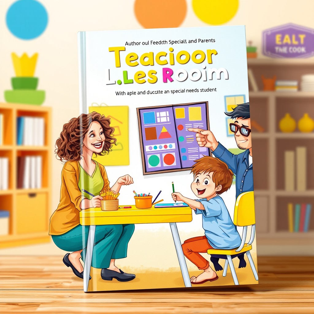 An engaging A5 book cover design illustrating two teachers joyfully collaborating in a bright, colorful classroom to inspire and educate a special needs student