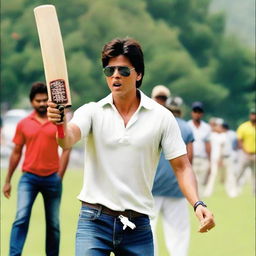 Bollywood actor Shah Rukh Khan playing cricket in a casual attire, his face glowing with enthusiasm.