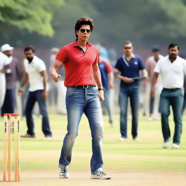 Bollywood actor Shah Rukh Khan playing cricket in a casual attire, his face glowing with enthusiasm.