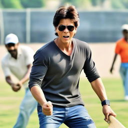 Bollywood actor Shah Rukh Khan playing cricket in a casual attire, his face glowing with enthusiasm.