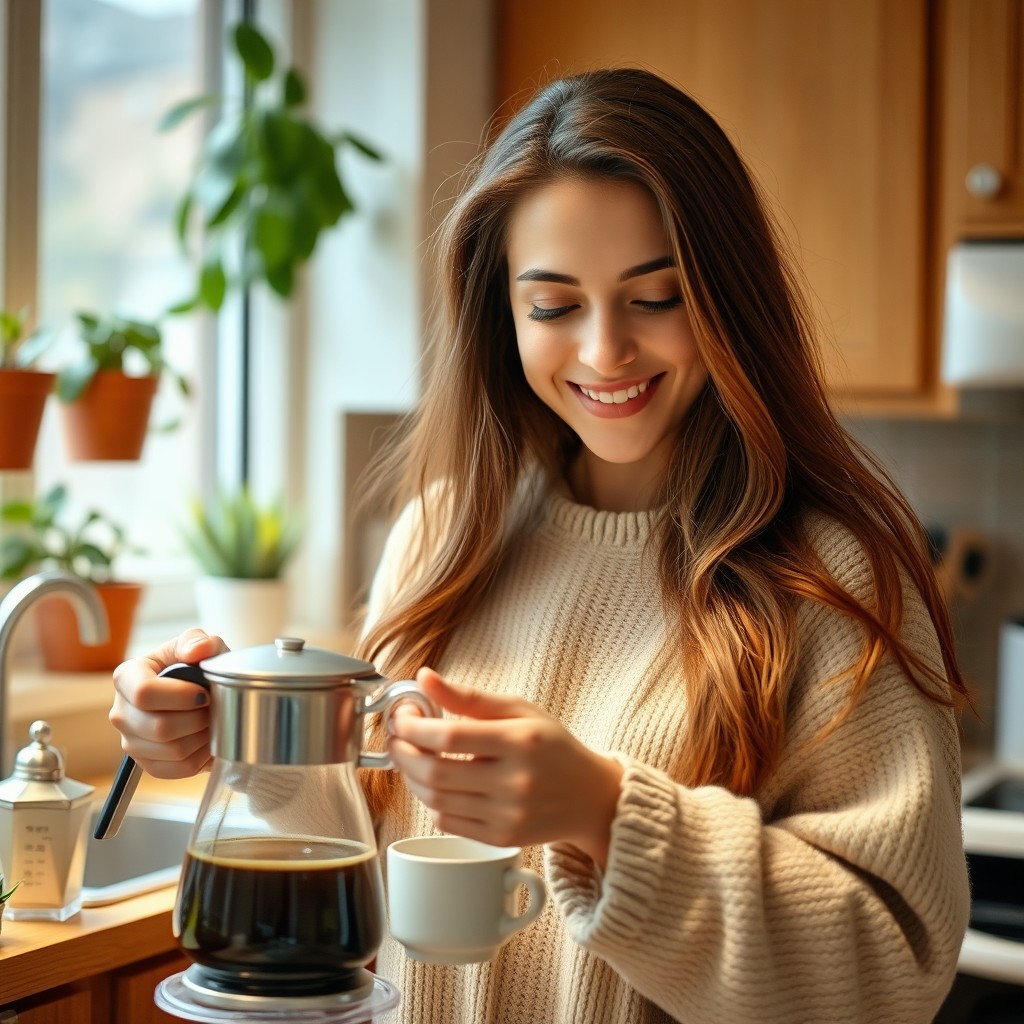 A young woman smiling while making coffee in a cozy kitchen