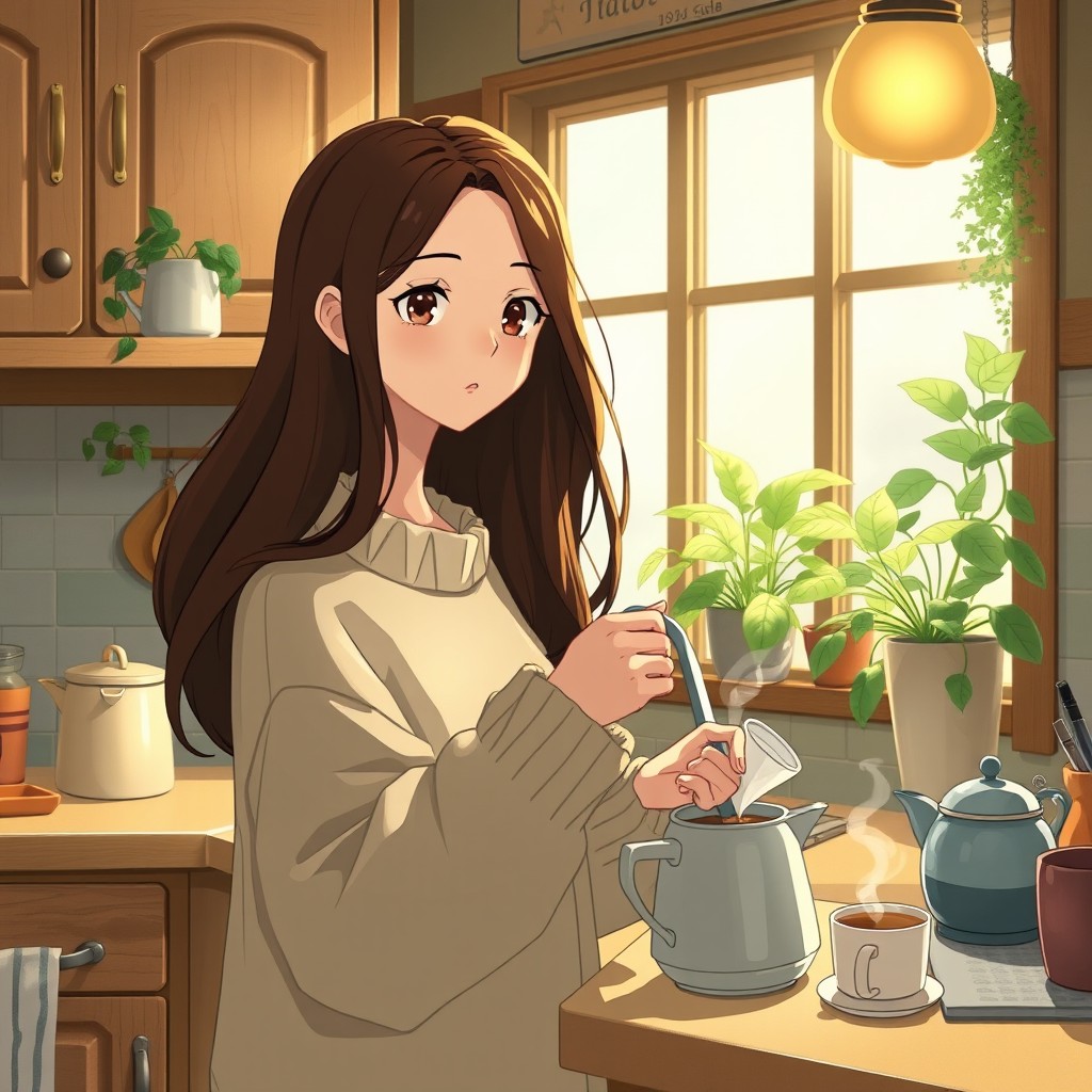 A young woman making coffee in a cozy kitchen, depicted in the charming and whimsical style of Studio Ghibli