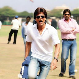 Bollywood actor Shah Rukh Khan playing cricket in a casual attire, his face glowing with enthusiasm.