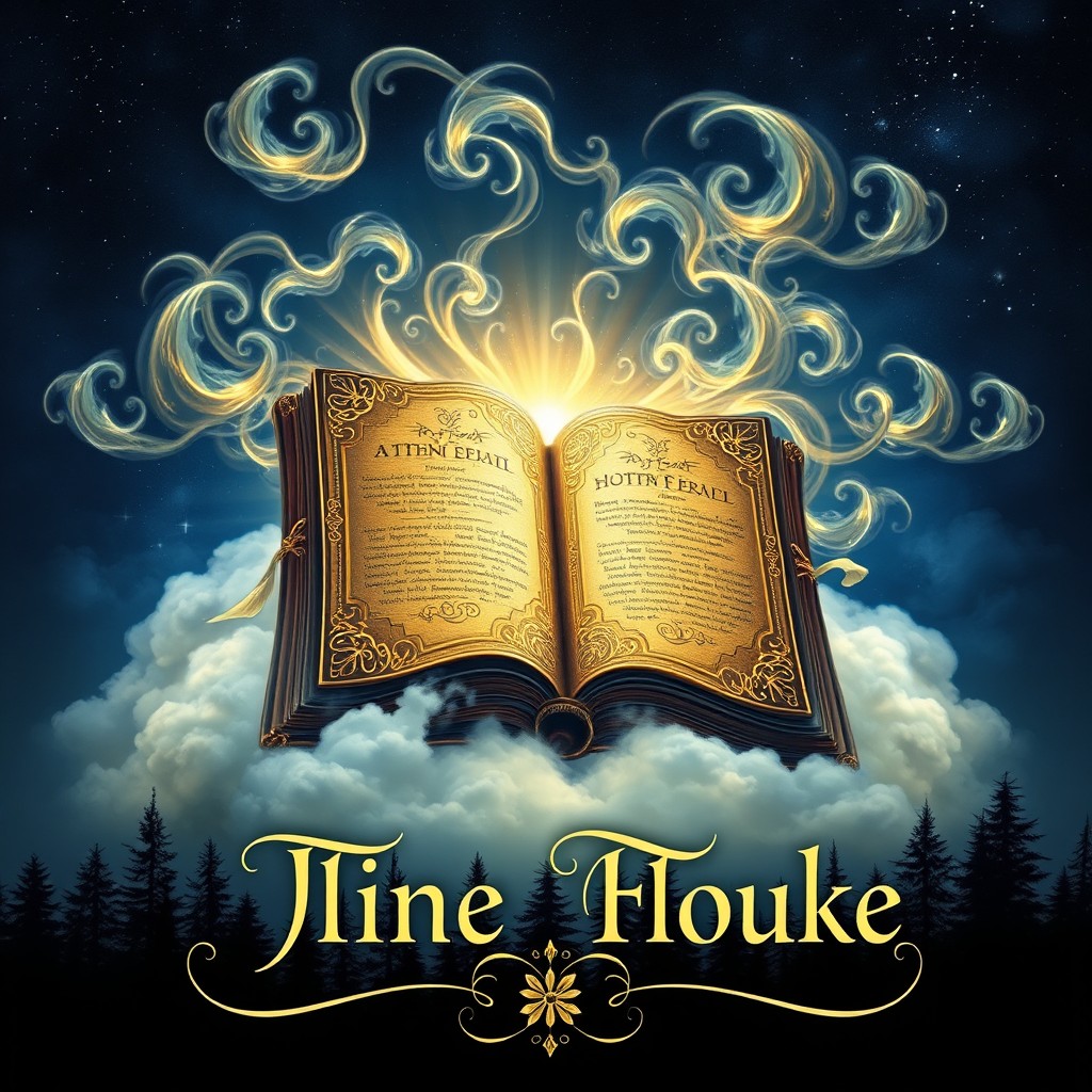 a captivating and mystical book cover featuring a glowing ancient tome surrounded by swirling magical clouds, intricate gold filigree decorating the edges, a deep blue night sky with twinkling stars in the background, an ethereal forest silhouette at the bottom, and the title in elegant, ornate lettering in the foreground, emphasizing fantasy and adventure