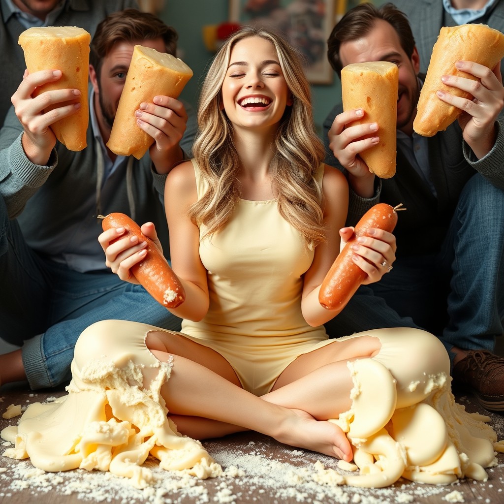 A stunning influencer girl resembling Preslee Faith, with a playful smile and eyes closed, made entirely out of cheese