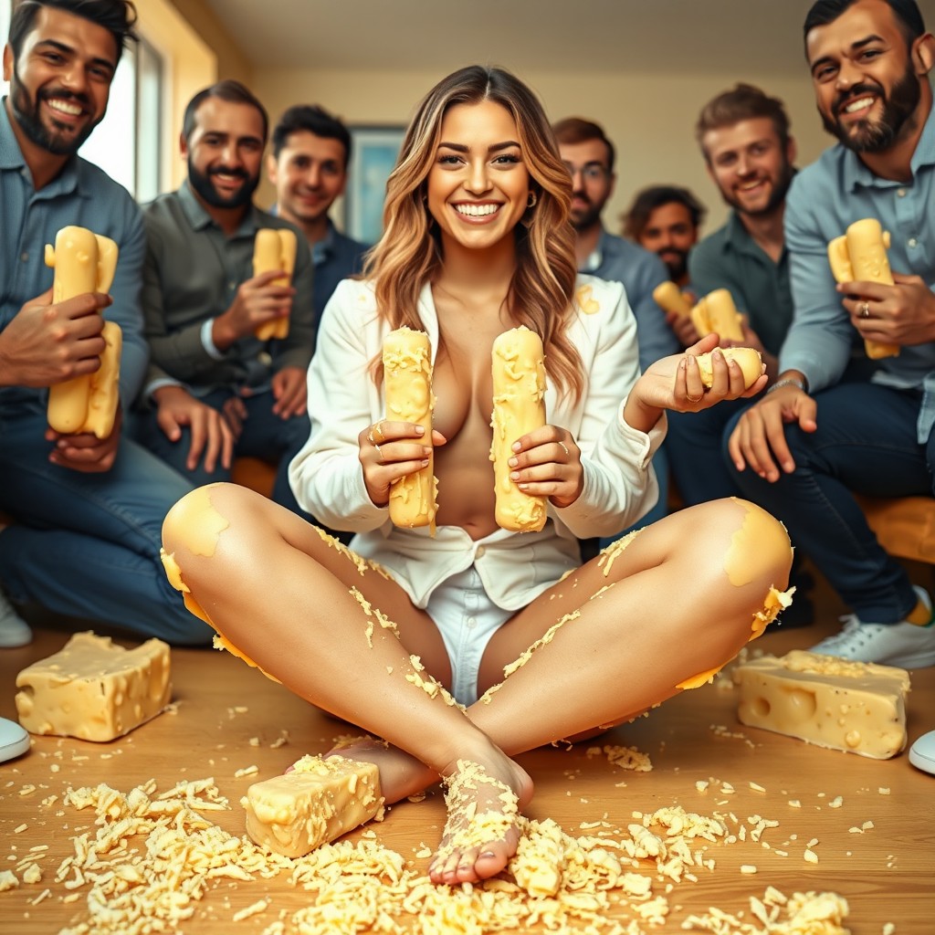 A hot influencer girl named Preslee Faith, creatively depicted as being made out of cheese, sitting criss-cross and smiling joyfully