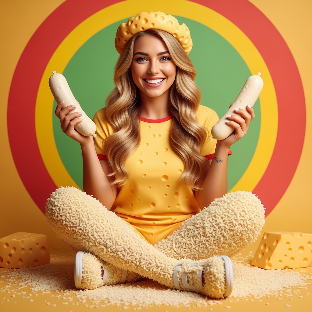 A hot influencer girl named Preslee Faith made entirely of cheese, sitting in a crisscross position with a big smile
