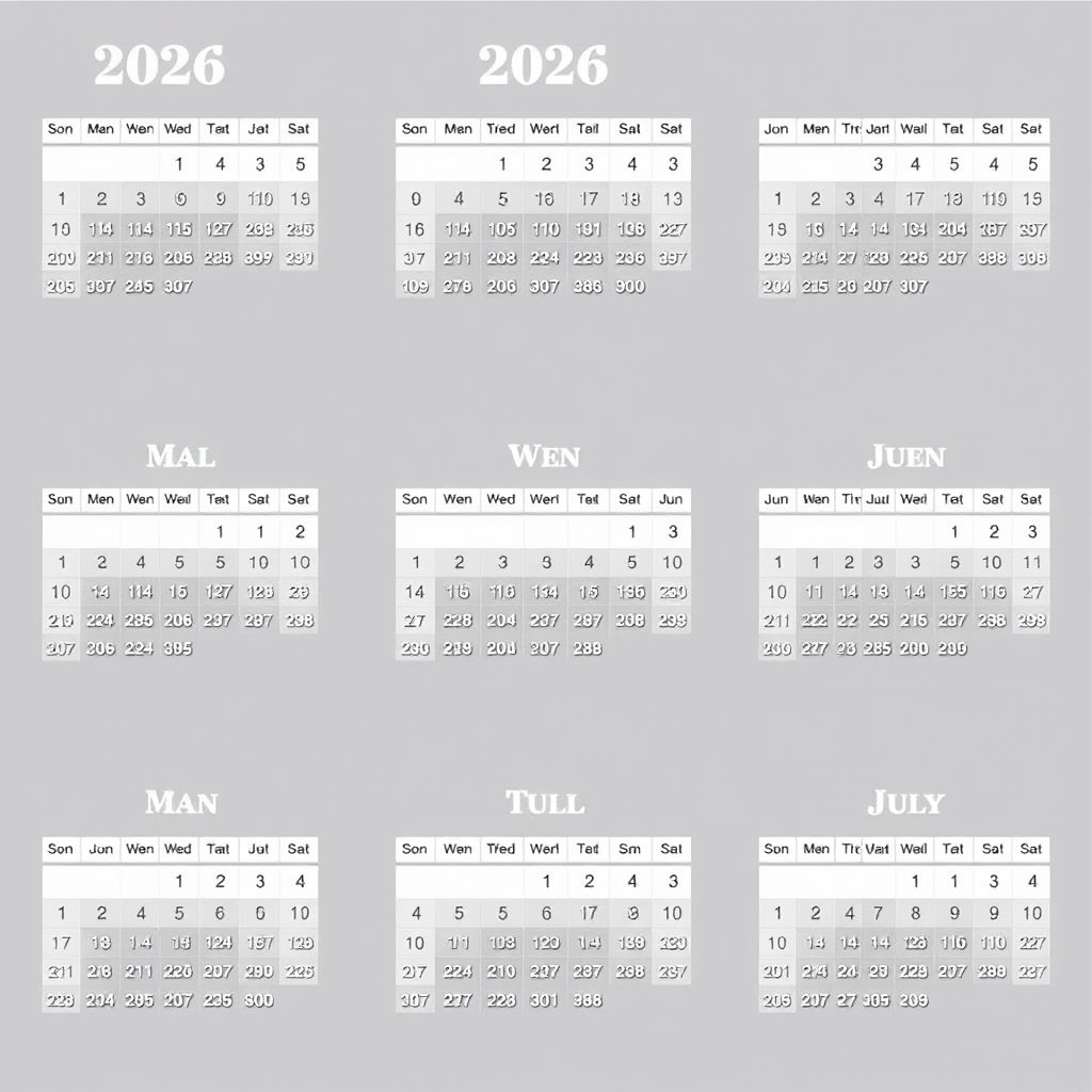 A full 2026 calendar layout designed in a clean grid format, using a monochrome palette