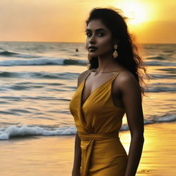 Sri Lankan actress Senali Fonseka enjoying a serene day at the beach, her silhouette beautifully contrasting with the golden sunset background.