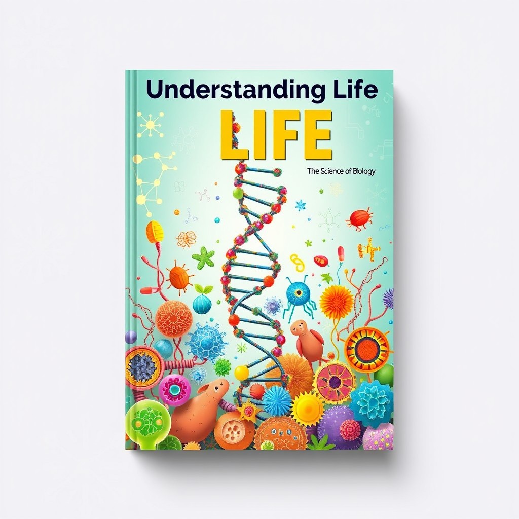 A captivating book cover design for a scientific biology book, featuring a vibrant and visually engaging illustration of a DNA double helix spiraling upwards, surrounded by various colorful, detailed representations of plant cells, animal cells, and microorganisms