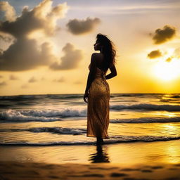 Sri Lankan actress Senali Fonseka enjoying a serene day at the beach, her silhouette beautifully contrasting with the golden sunset background.