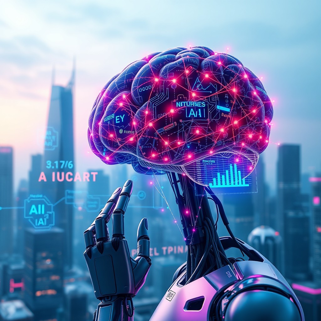 A futuristic representation of AI technology, showcasing a digital brain made of glowing circuits and data streams, surrounded by holographic interfaces displaying complex algorithms and data analysis in vibrant colors