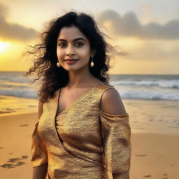 Sri Lankan actress Senali Fonseka enjoying a serene day at the beach, her silhouette beautifully contrasting with the golden sunset background.