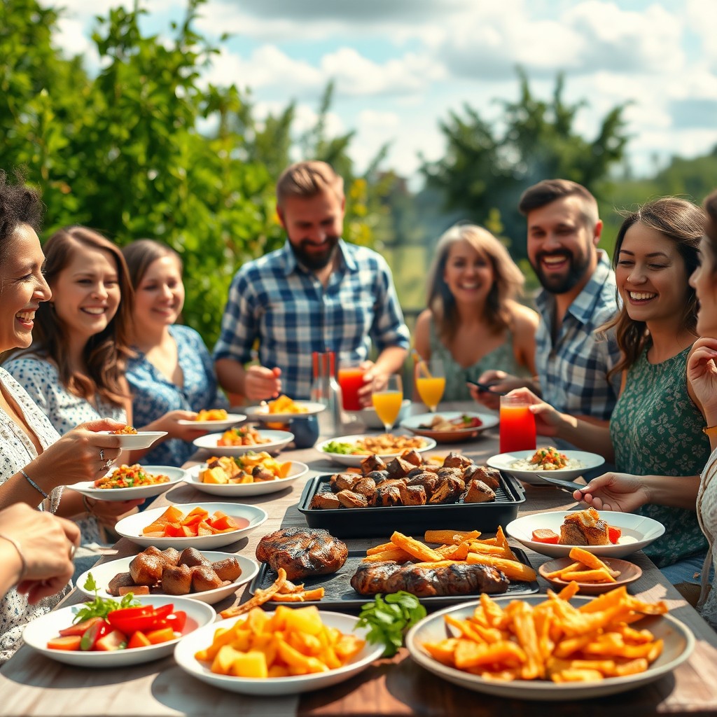 A photorealistic image showing a group of people in a lively outdoor setting, enjoying a barbecue feast with plates of grilled meats and vibrant side dishes