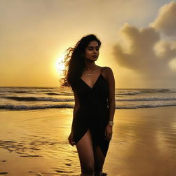 Sri Lankan actress Senali Fonseka enjoying a serene day at the beach, her silhouette beautifully contrasting with the golden sunset background.