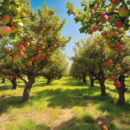 A vibrant apple orchard bathed in sunlight, filled with rows of apple trees laden with ripe, juicy apples. The vision is completed by a clear blue sky overhead and lush green grass underfoot.