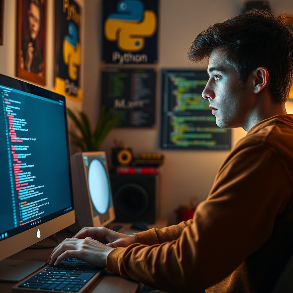 A young programmer named Max sits at his computer in a cozy room, illuminated by the soft glow of the monitor