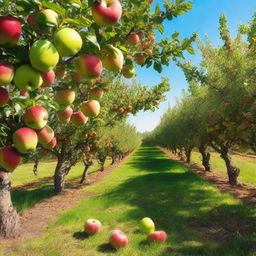 A vibrant apple orchard bathed in sunlight, filled with rows of apple trees laden with ripe, juicy apples. The vision is completed by a clear blue sky overhead and lush green grass underfoot.