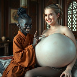 Seated on a medieval bed in a richly appointed medieval room, a young, spiteful-looking black woman with very dark skin, short and emaciated stature, sharp, crooked teeth, and elf-like ears captures attention