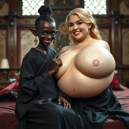 Seated on a medieval bed in a richly appointed medieval room, a young, spiteful-looking black woman with very dark skin, short and emaciated stature, sharp, crooked teeth, and elf-like ears captures attention