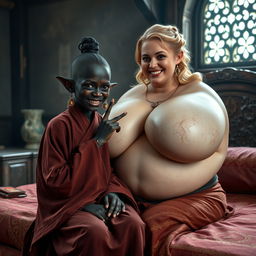 Seated on a medieval bed in a richly appointed medieval room, a young, spiteful-looking black woman with very dark skin, short and emaciated stature, sharp, crooked teeth, and elf-like ears captures attention