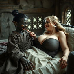 Laying on a medieval bed in a medieval room, a young, malevolent black woman with a very dark complexion, short stature, and a malnourished appearance is depicted with sharp, rotten teeth and pointed elf-like ears