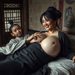 Lying on a bed within a medieval Chinese room, a young evil-looking Chinese woman with a dark complexion, short stature, and a malnourished appearance is depicted