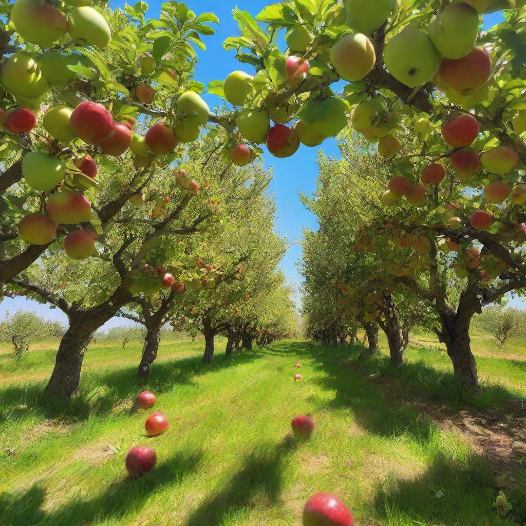 A vibrant apple orchard bathed in sunlight, filled with rows of apple trees laden with ripe, juicy apples. The vision is completed by a clear blue sky overhead and lush green grass underfoot.