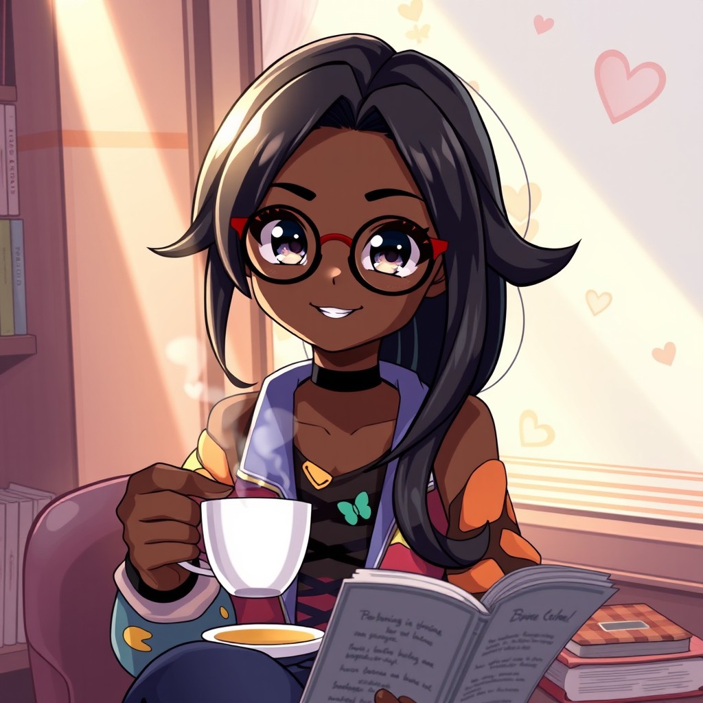 A stylish dark-skinned anime girl with long, flowing hair and glasses, wearing a trendy outfit adorned with vibrant colors