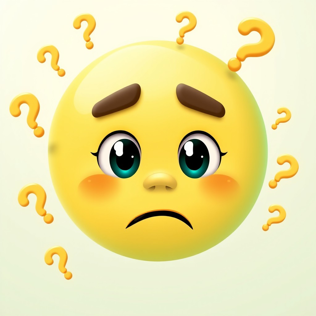 An expressive emoji representing a question, featuring a confused face with furrowed brows and a slight frown