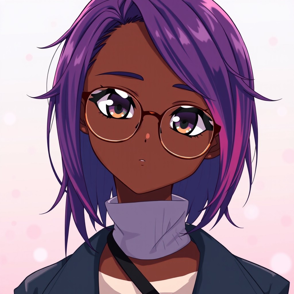 A dark-skinned anime girl with beautiful, expressive features, wearing stylish glasses