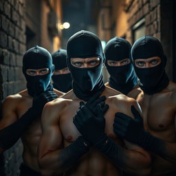 A group of young male thieves with blue eyes, shirtless, their faces covered with balaclavas