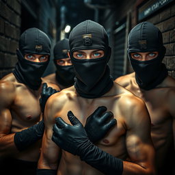 A group of young male thieves with blue eyes, shirtless, their faces covered with balaclavas