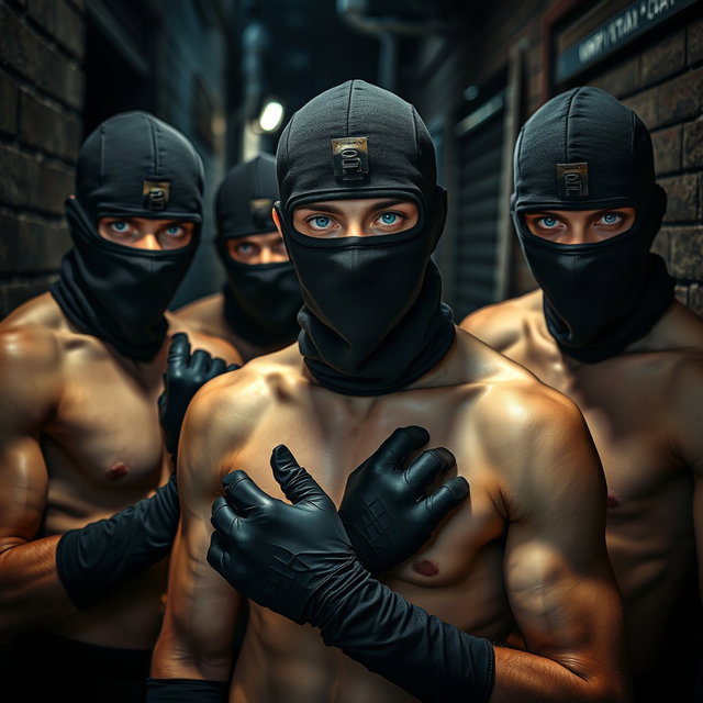 A group of young male thieves with blue eyes, shirtless, their faces covered with balaclavas