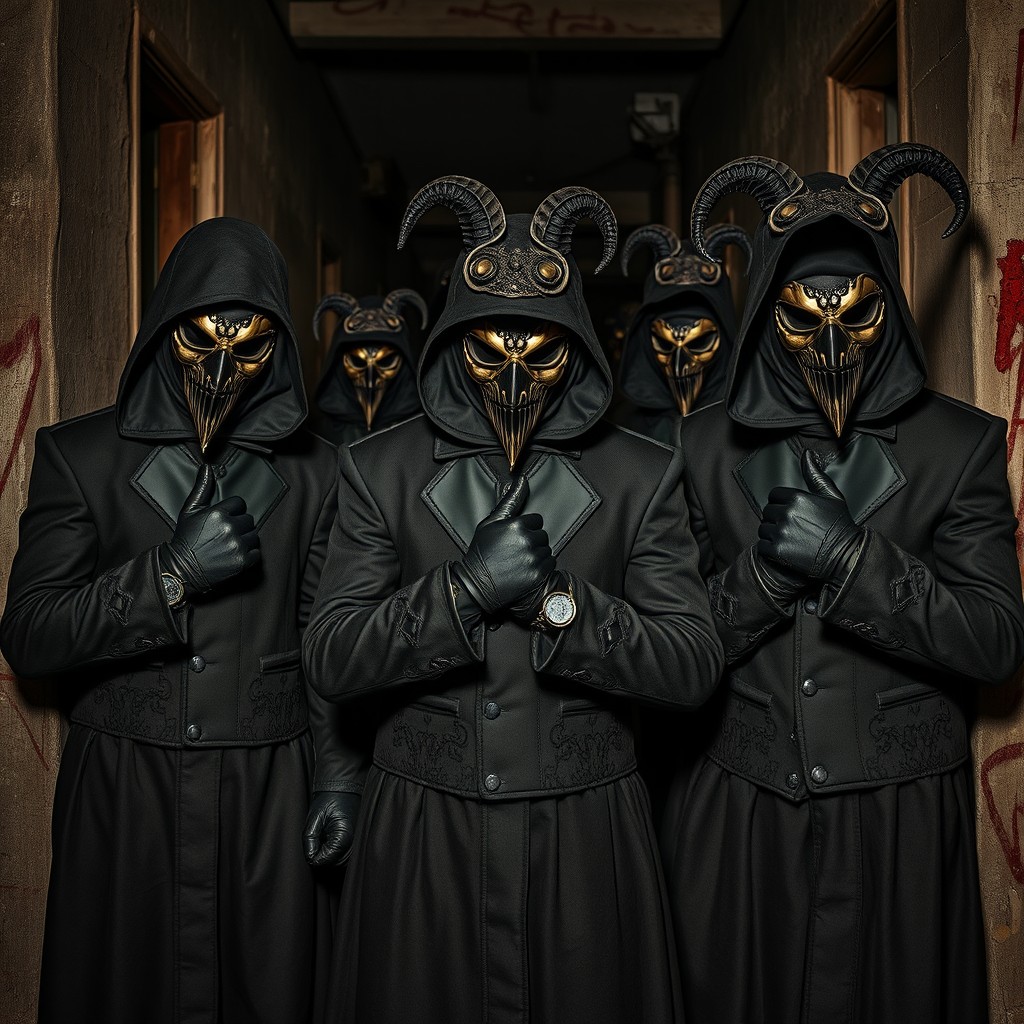 A sinister group of kidnappers dressed in foreboding Venetian carnival outfits, each one artistically crafted with dark colors and menacing patterns